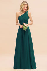 Elegant Peacock A-line Chiffon Ruffles One Shoulder Long Bridesmaid Dress