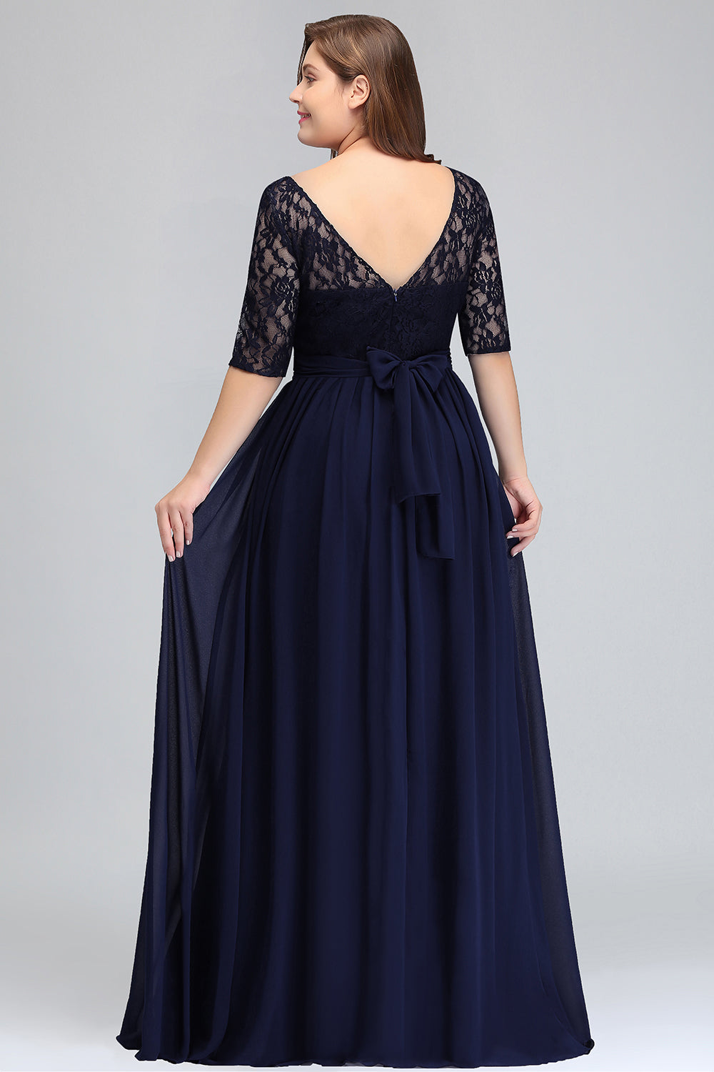 Elegant Plus Size Half Sleeves Lace Bridesmaid Dresses with Bow