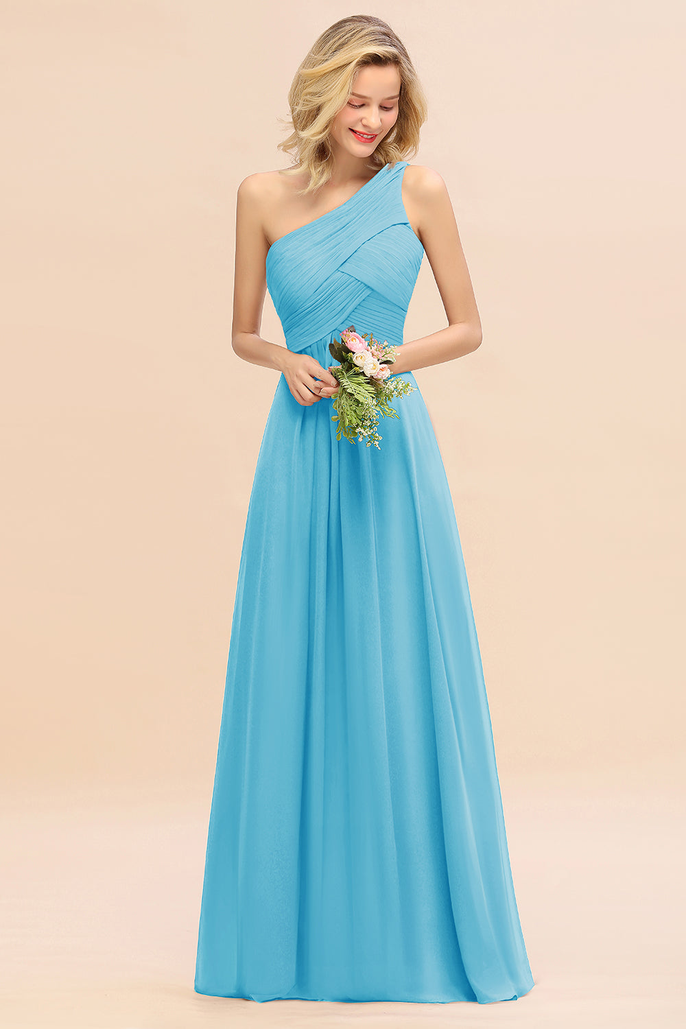 Elegant Pool A-line Chiffon Ruffles One Shoulder Long Bridesmaid Dress