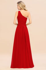 Elegant Red A-line Chiffon Ruffles One Shoulder Long Bridesmaid Dress