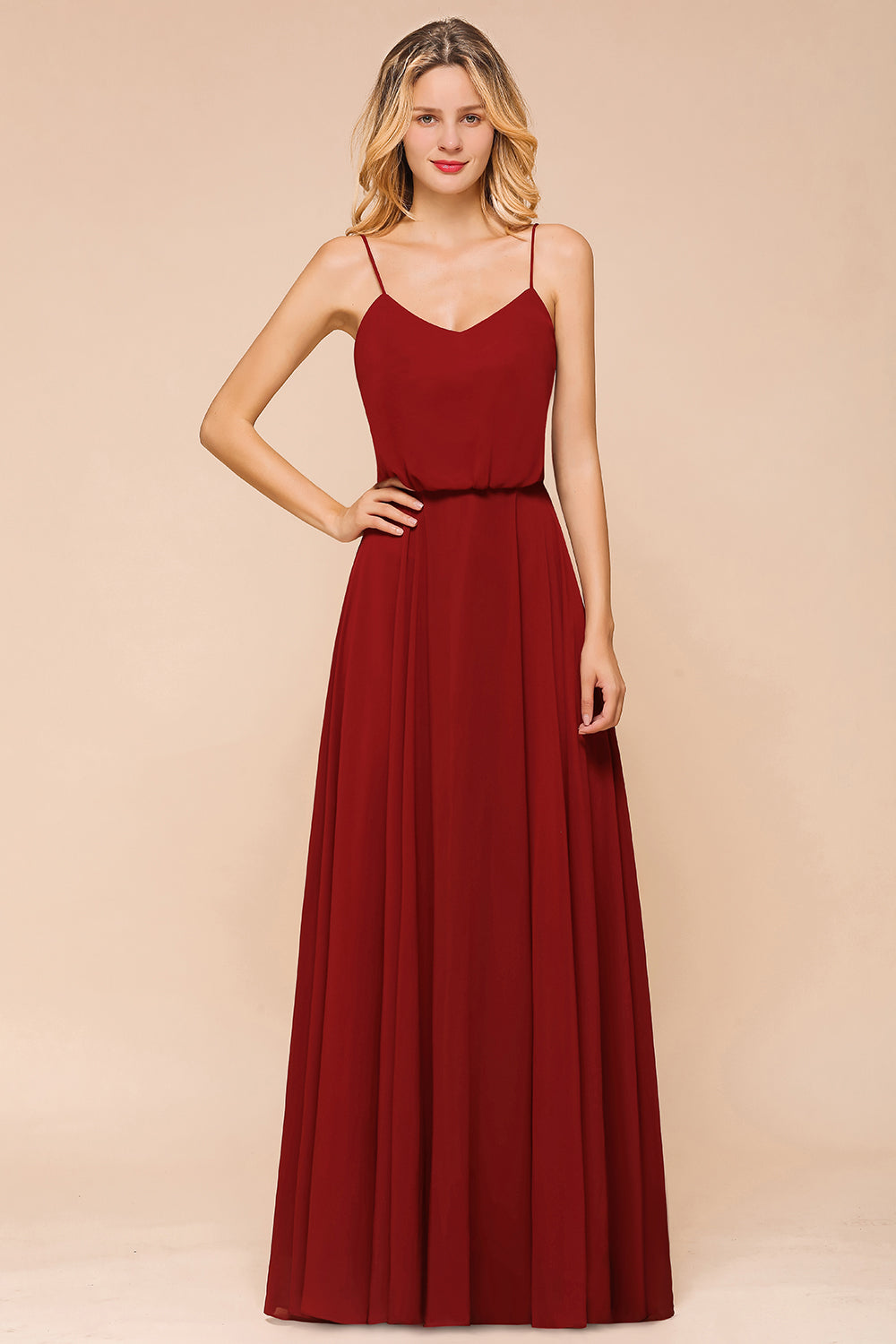 Elegant Red Spaghetti Straps Sweetheart A-line Chiffon Floor Length Bridesmaid Dress