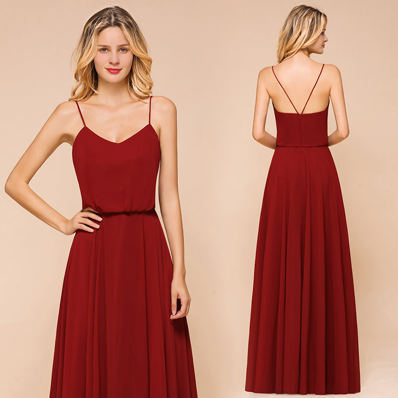Elegant Red Spaghetti Straps Sweetheart A-line Chiffon Floor Length Bridesmaid Dress