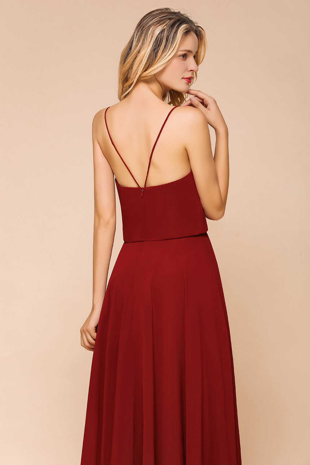 Elegant Red Spaghetti Straps Sweetheart A-line Chiffon Floor Length Bridesmaid Dress