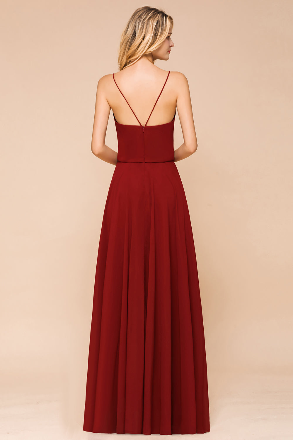 Elegant Red Spaghetti Straps Sweetheart A-line Chiffon Floor Length Bridesmaid Dress