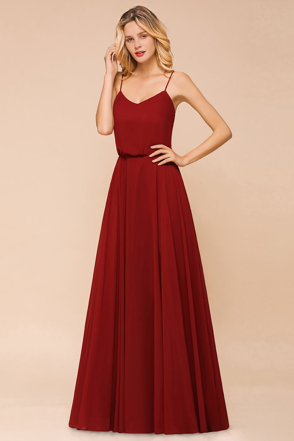 Elegant Red Spaghetti Straps Sweetheart A-line Chiffon Floor Length Bridesmaid Dress
