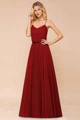 Elegant Red Spaghetti Straps Sweetheart A-line Chiffon Floor Length Bridesmaid Dress