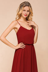 Elegant Red Spaghetti Straps Sweetheart A-line Chiffon Floor Length Bridesmaid Dress