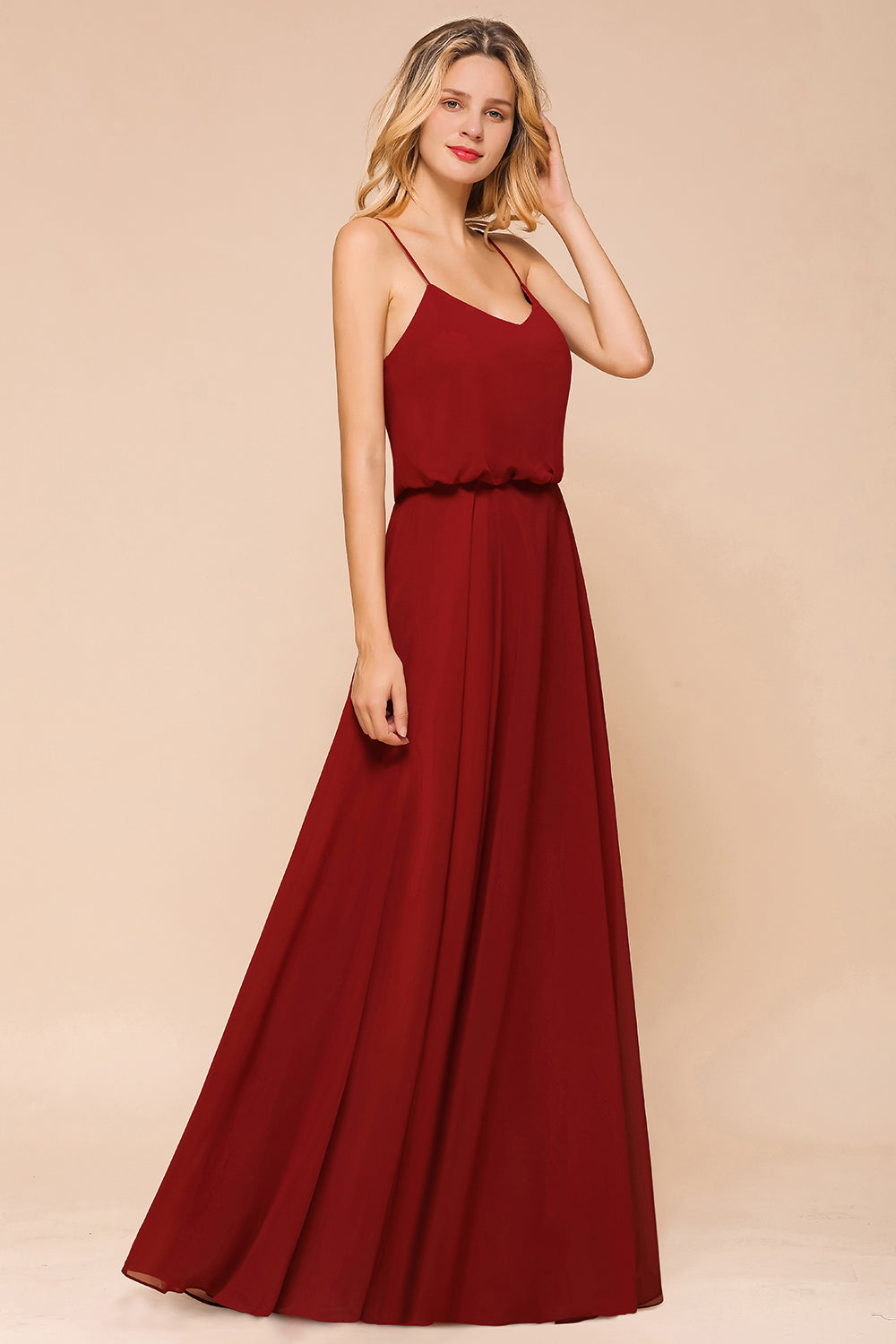 Elegant Red Spaghetti Straps Sweetheart A-line Chiffon Floor Length Bridesmaid Dress