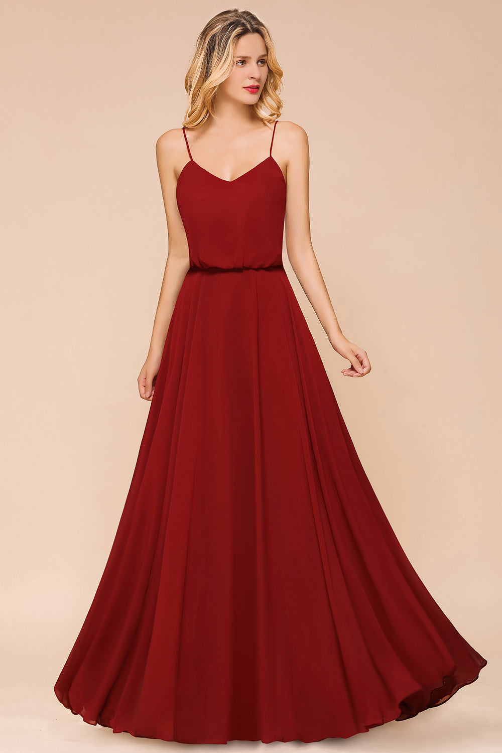 Elegant Red Spaghetti Straps Sweetheart A-line Chiffon Floor Length Bridesmaid Dress