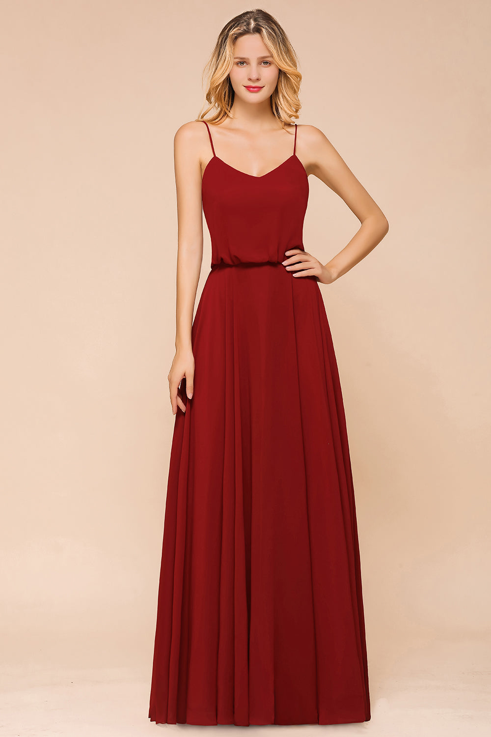 Elegant Red Spaghetti Straps Sweetheart A-line Chiffon Floor Length Bridesmaid Dress