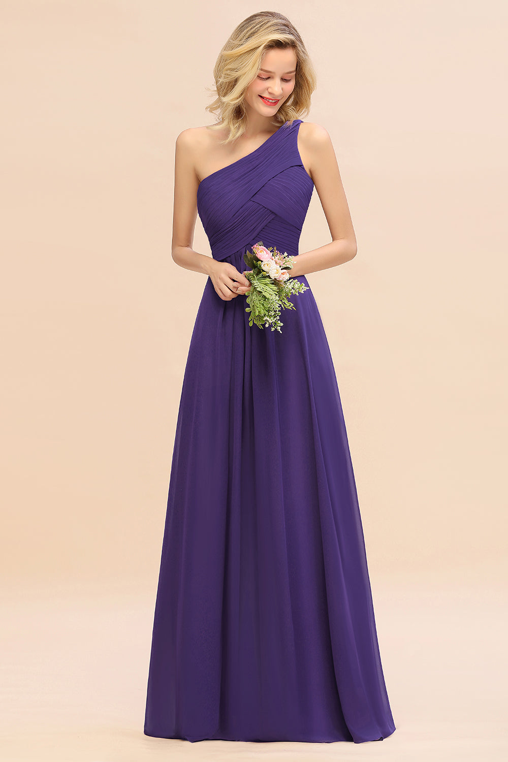 Elegant Regency A-line Chiffon Ruffles One Shoulder Long Bridesmaid Dress