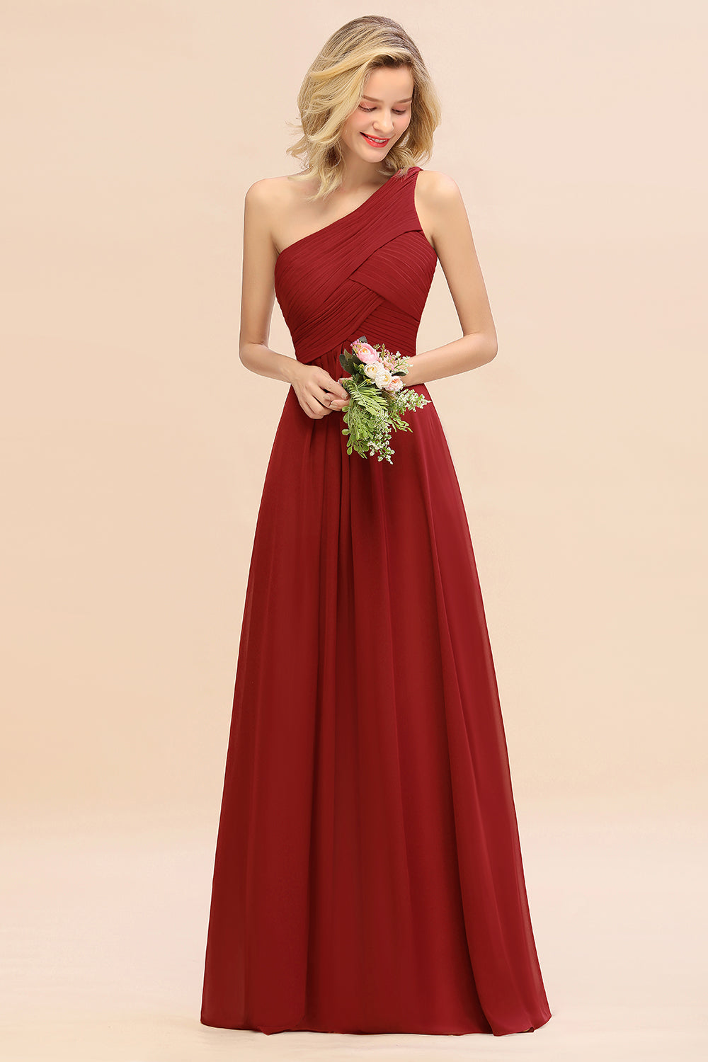 Elegant Rust A-line Chiffon Ruffles One Shoulder Long Bridesmaid Dress