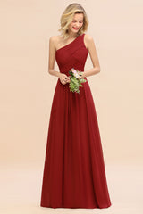 Elegant Rust A-line Chiffon Ruffles One Shoulder Long Bridesmaid Dress