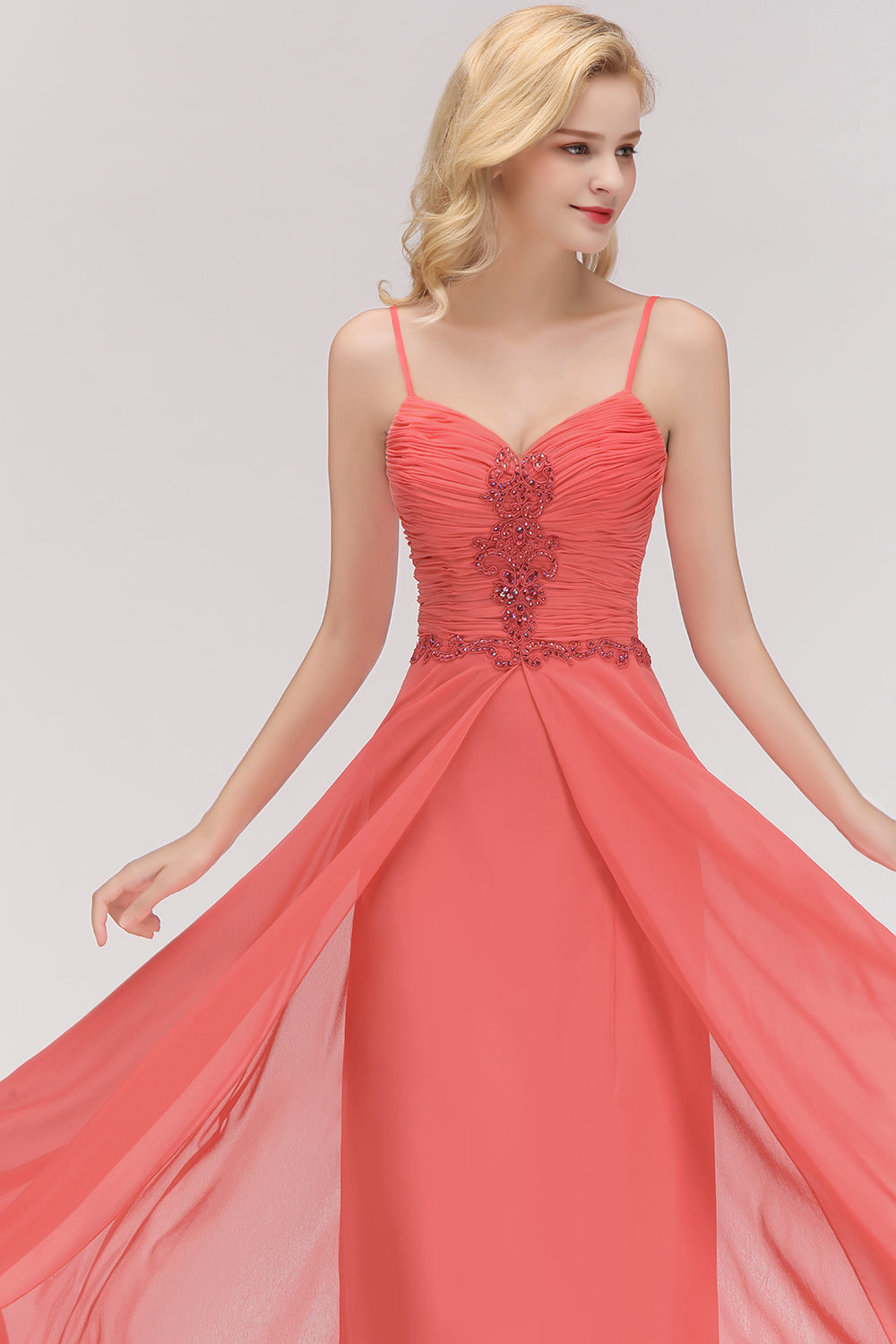 Elegant Spaghetti Straps Ruffles Appliques Bridesmaid Dress