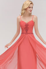 Elegant Spaghetti Straps Ruffles Appliques Bridesmaid Dress