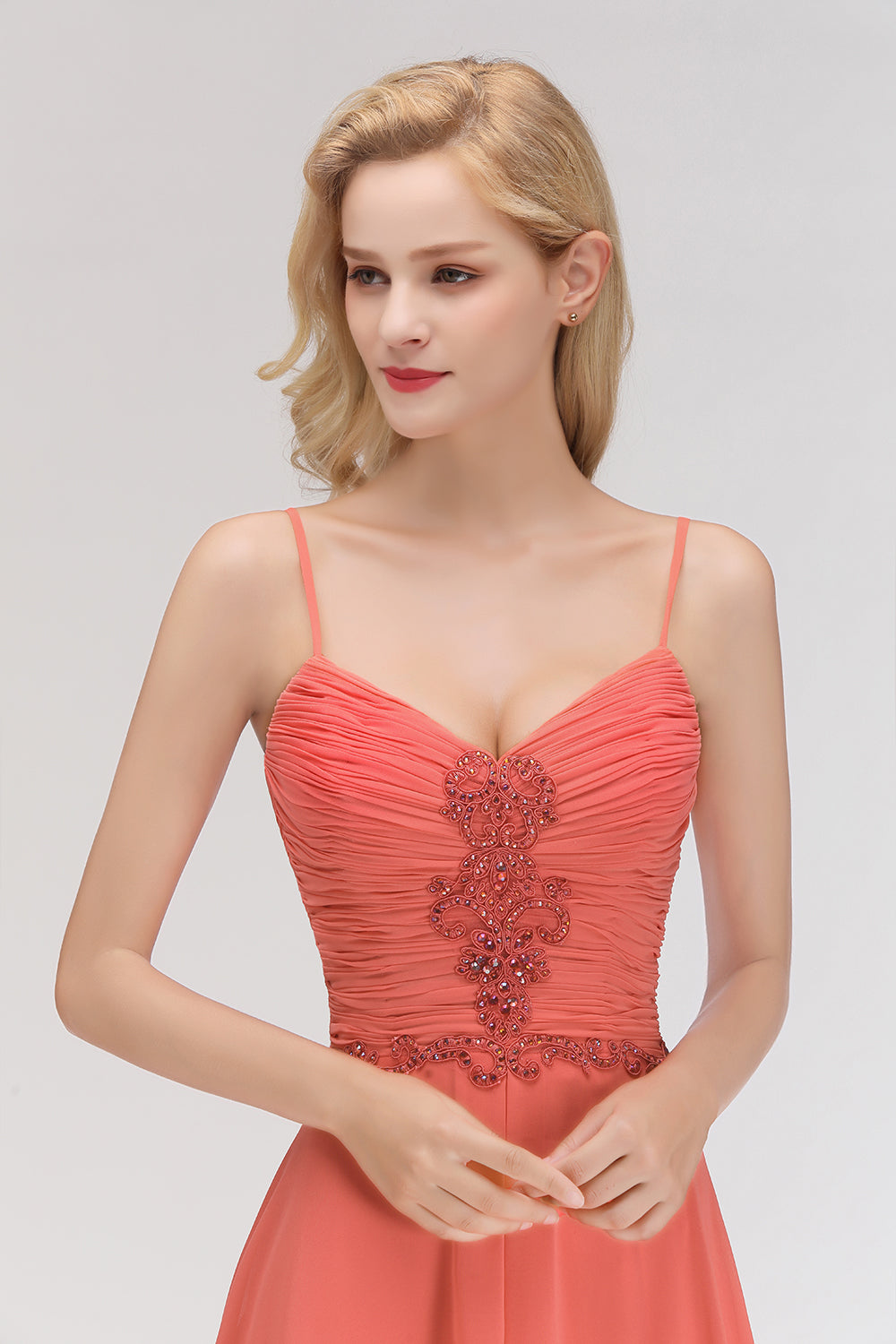 Elegant Spaghetti Straps Ruffles Appliques Bridesmaid Dress