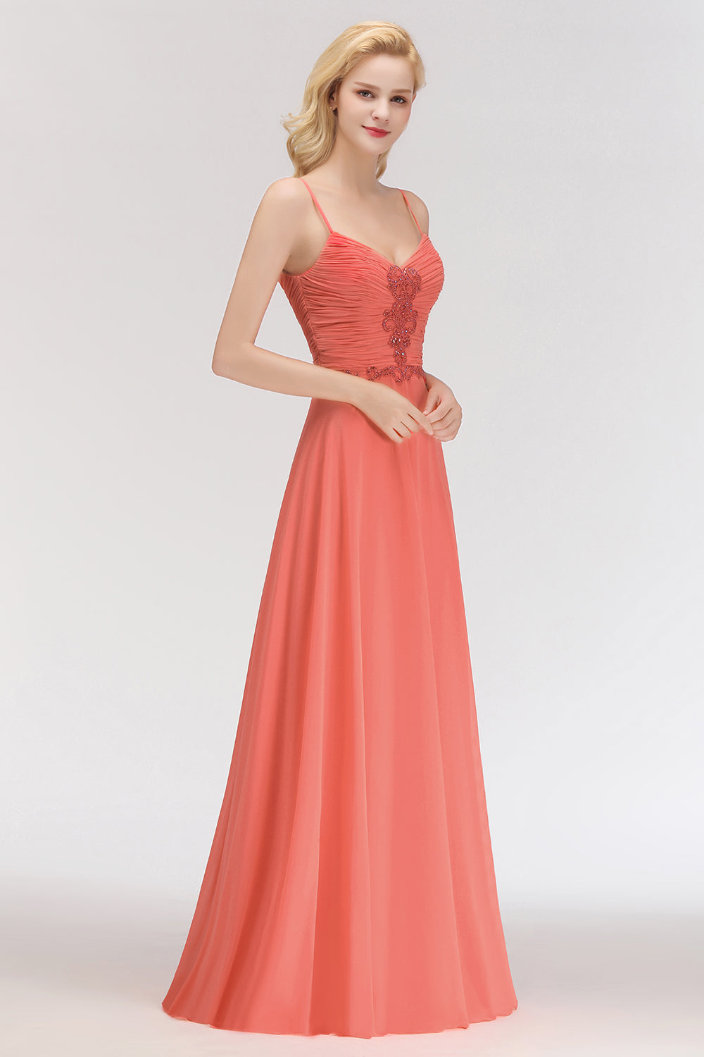 Elegant Spaghetti Straps Ruffles Appliques Bridesmaid Dress