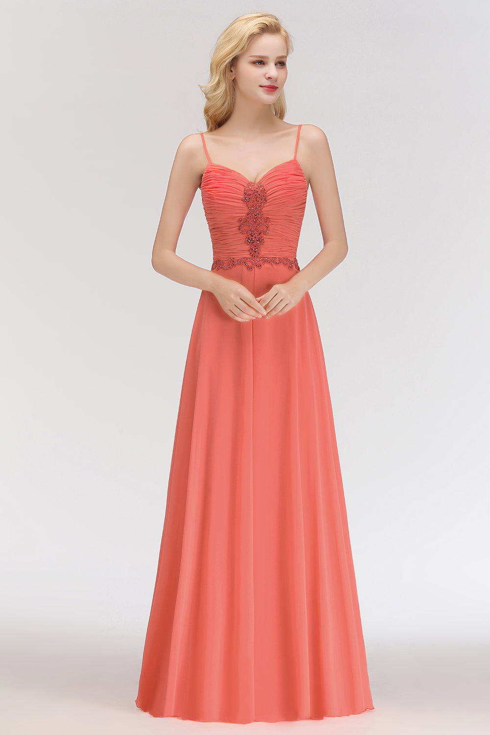 Elegant Spaghetti Straps Ruffles Appliques Bridesmaid Dress