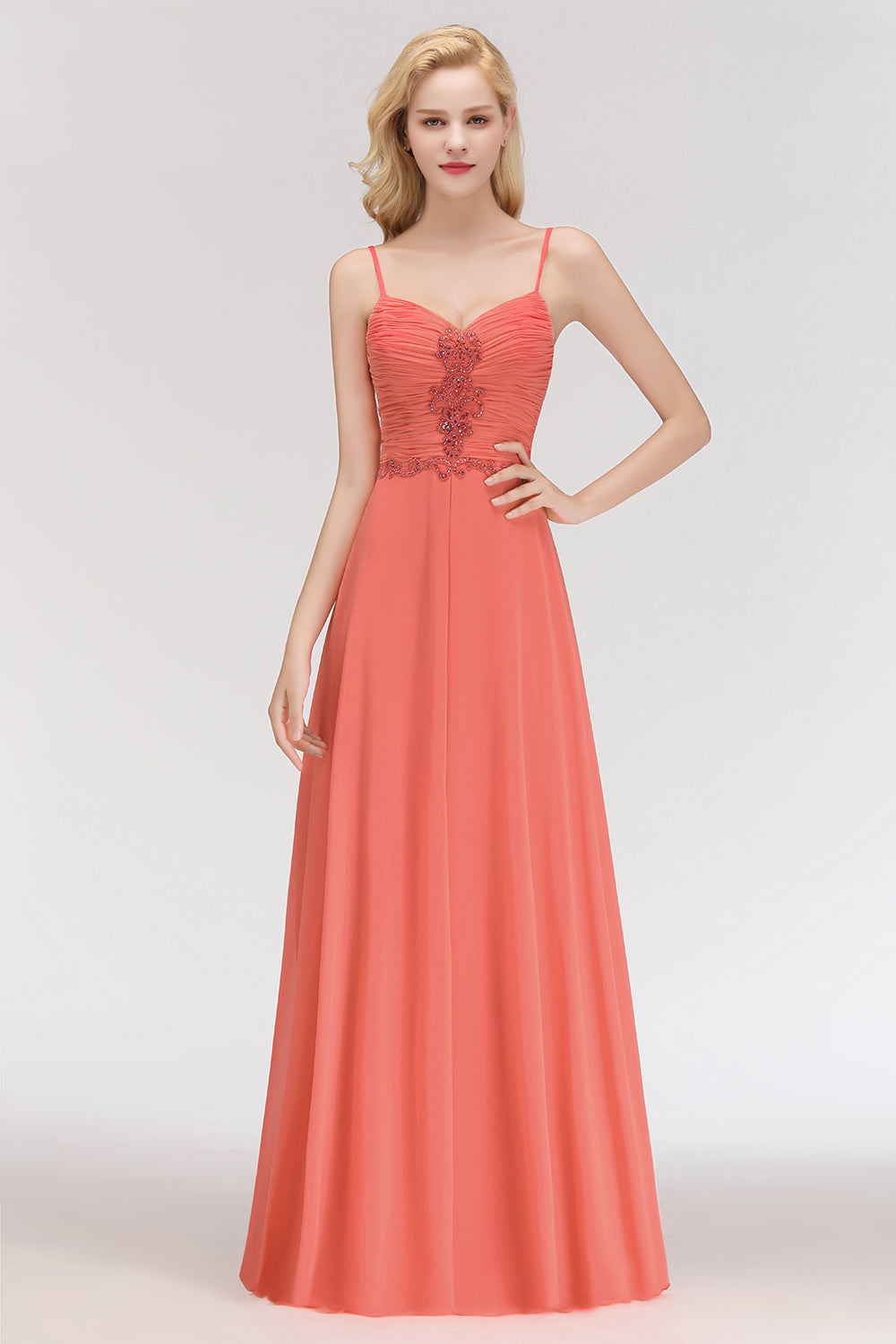 Elegant Spaghetti Straps Ruffles Appliques Bridesmaid Dress