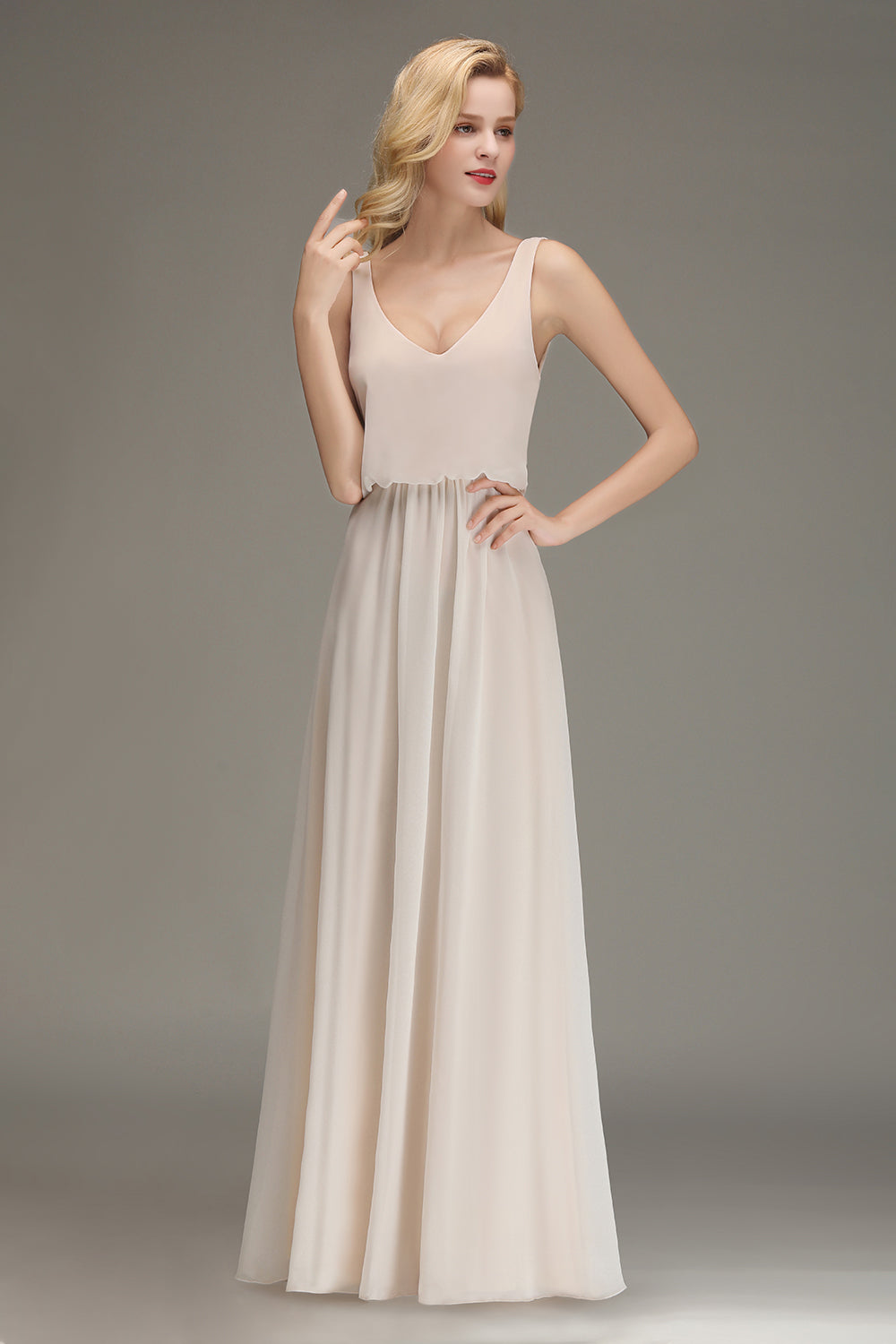 Elegant Straps Sexy V-Neck Long A-line Chiffon Bridesmaid Dress