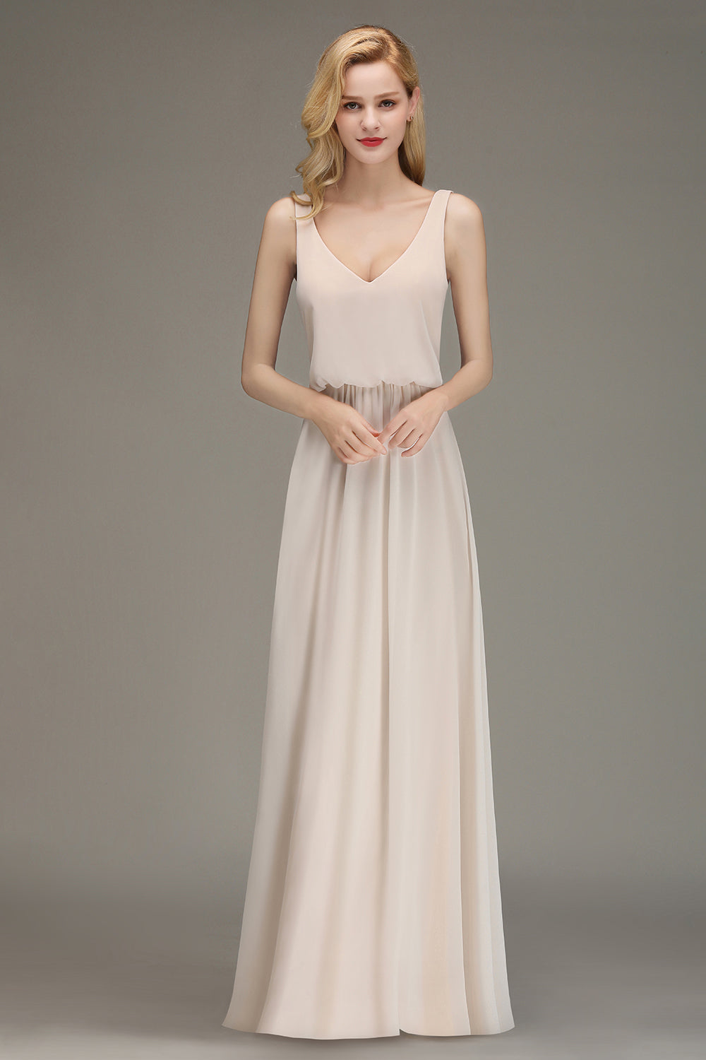 Elegant Straps Sexy V-Neck Long A-line Chiffon Bridesmaid Dress