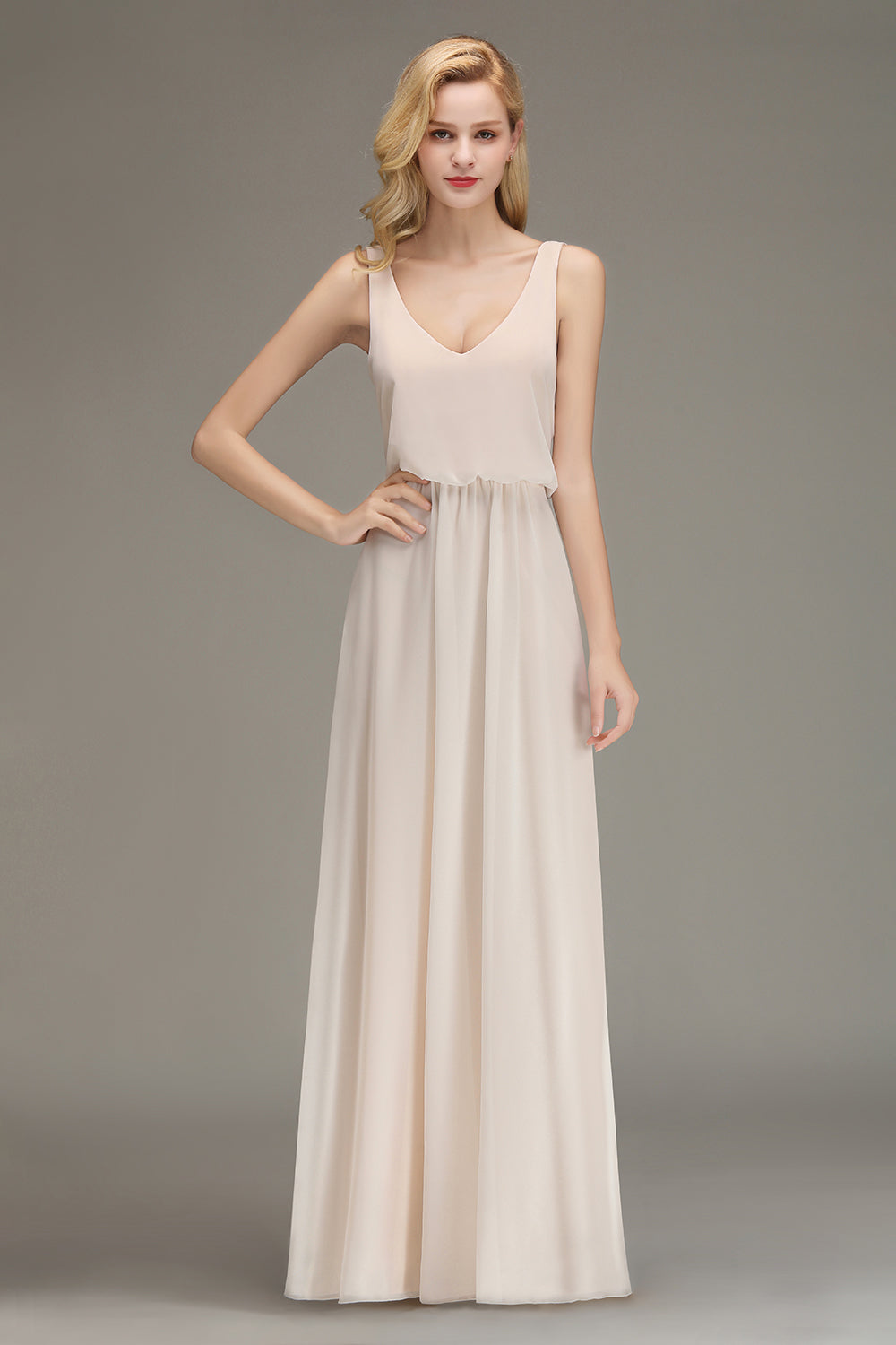 Elegant Straps Sexy V-Neck Long A-line Chiffon Bridesmaid Dress