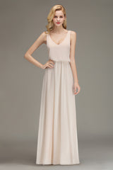 Elegant Straps Sexy V-Neck Long A-line Chiffon Bridesmaid Dress