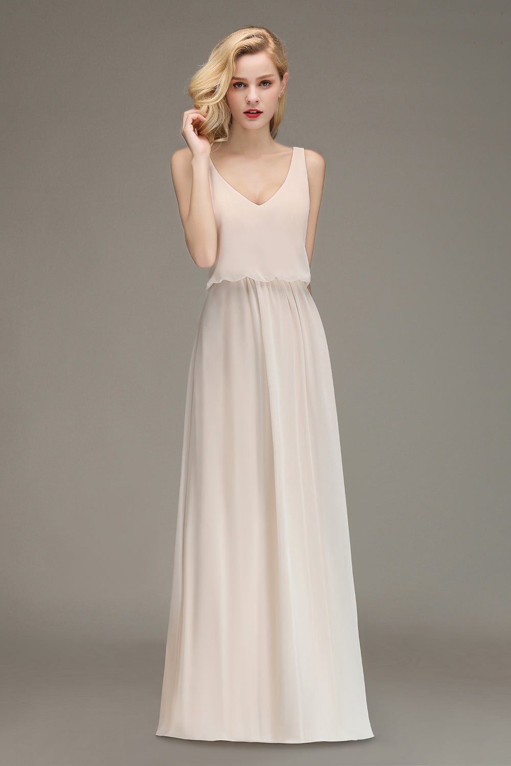 Elegant Straps Sexy V-Neck Long A-line Chiffon Bridesmaid Dress