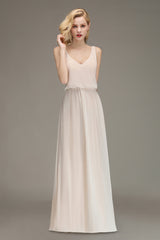 Elegant Straps Sexy V-Neck Long A-line Chiffon Bridesmaid Dress