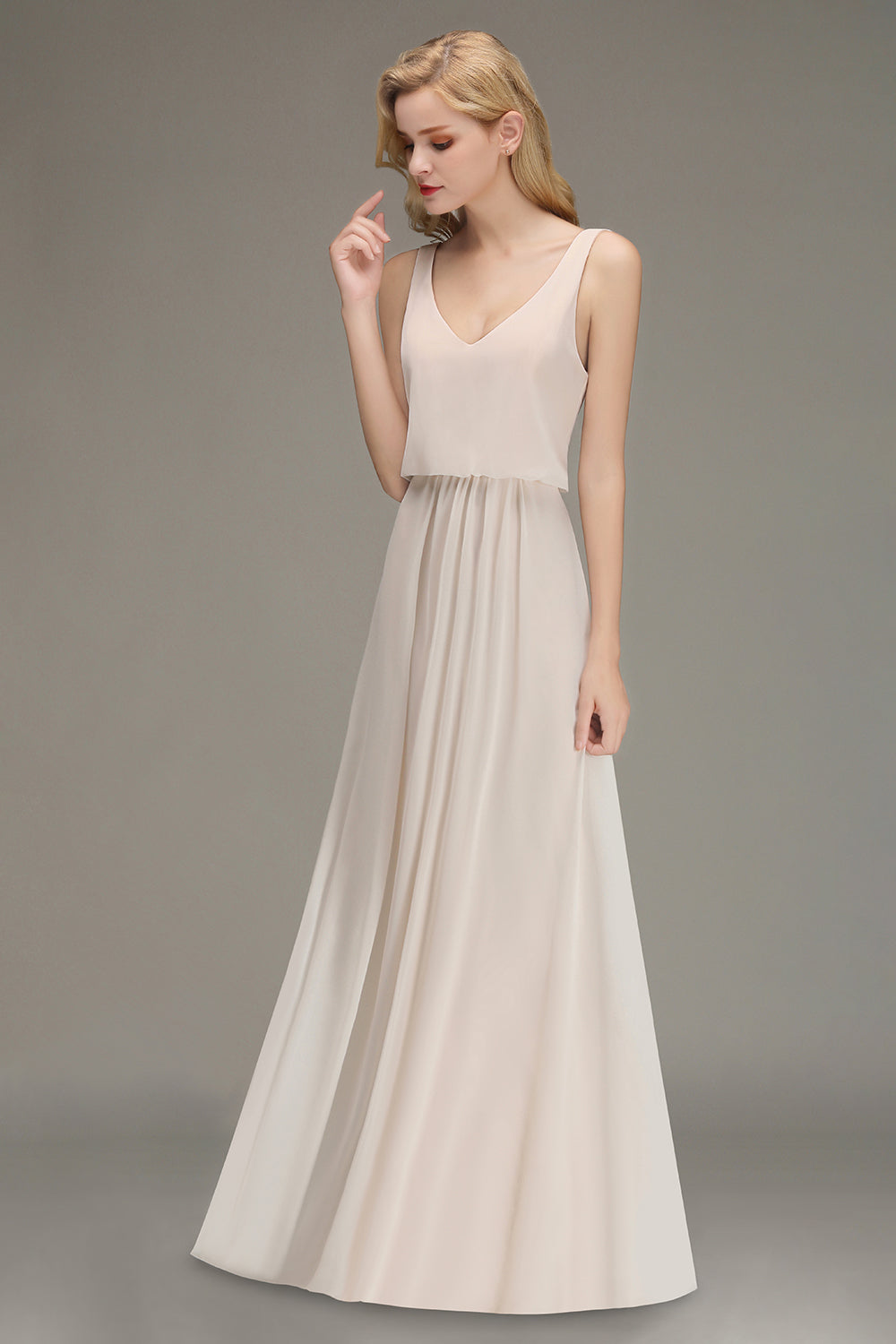 Elegant Straps Sexy V-Neck Long A-line Chiffon Bridesmaid Dress