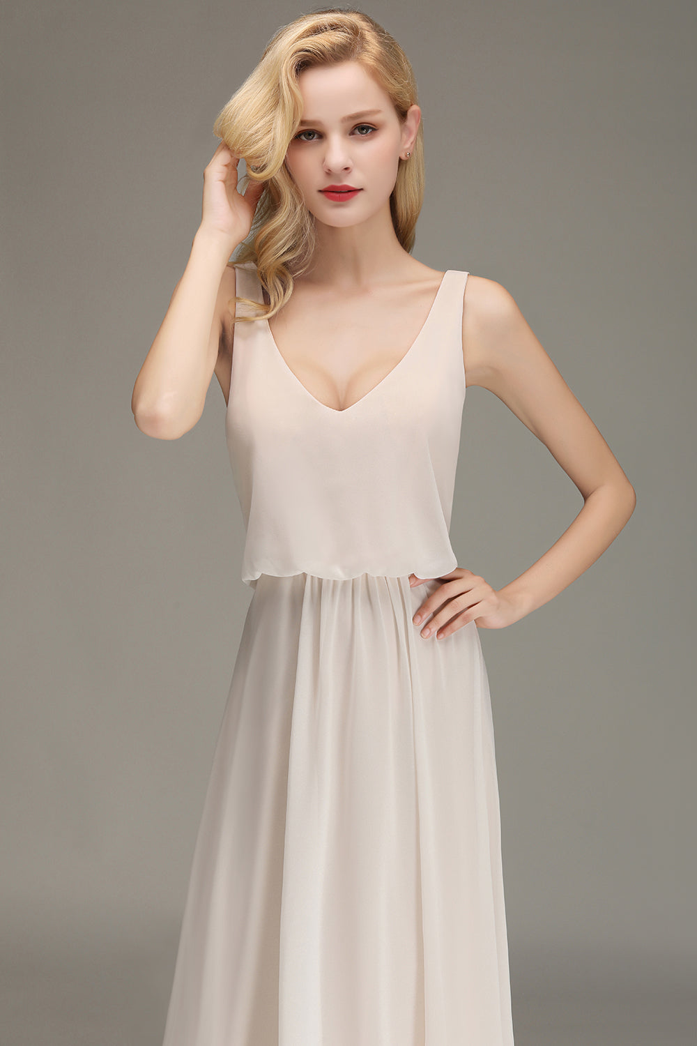 Elegant Straps Sexy V-Neck Long A-line Chiffon Bridesmaid Dress