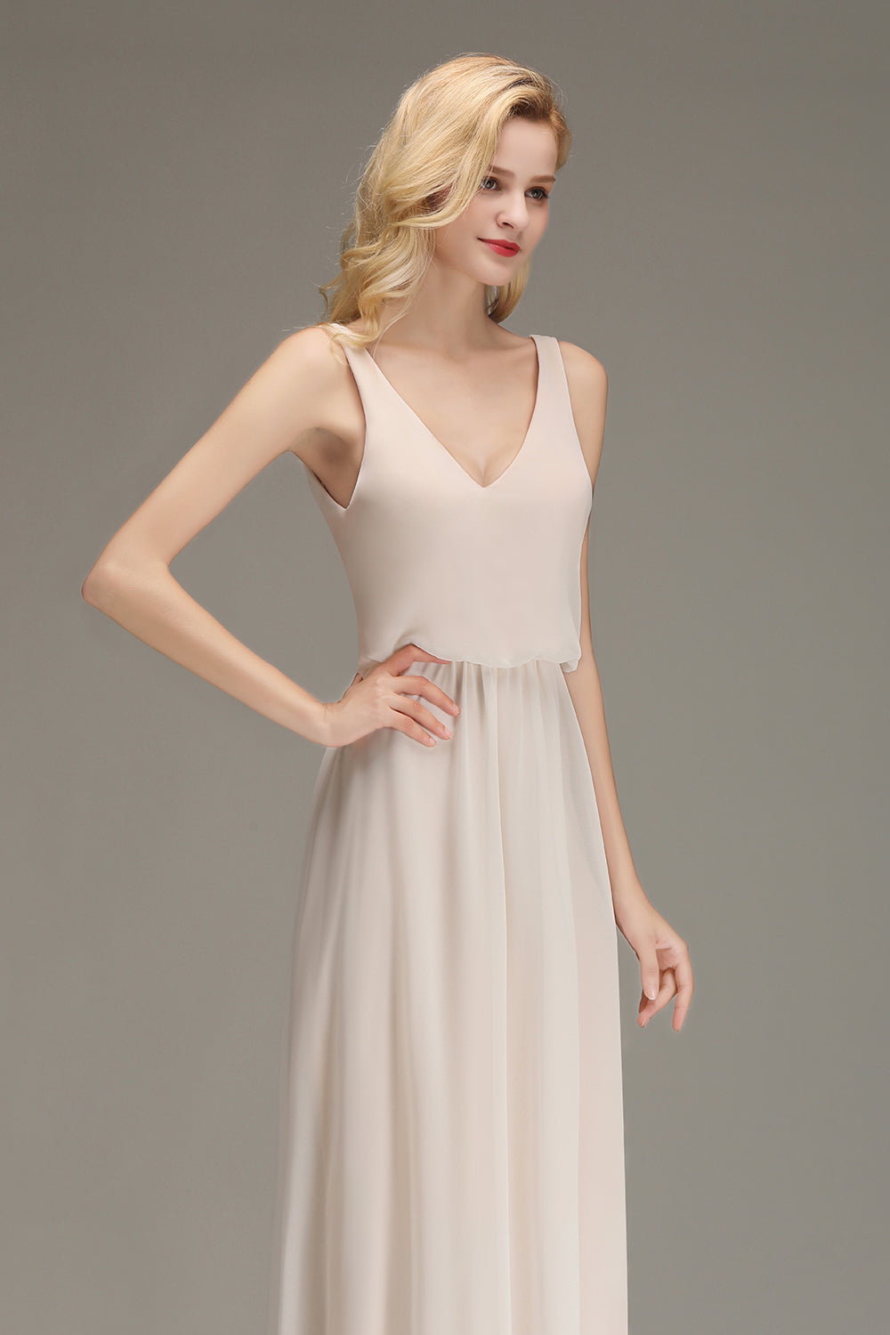 Elegant Straps Sexy V-Neck Long A-line Chiffon Bridesmaid Dress