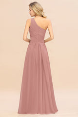 Elegant Vintage Mauve A-line Chiffon Ruffles One Shoulder Long Bridesmaid Dress