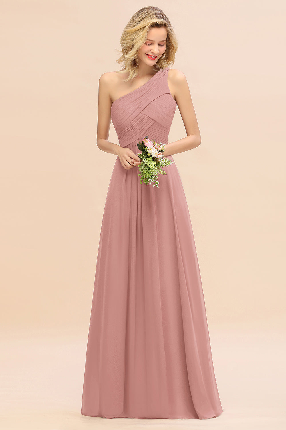 Elegant Vintage Mauve A-line Chiffon Ruffles One Shoulder Long Bridesmaid Dress