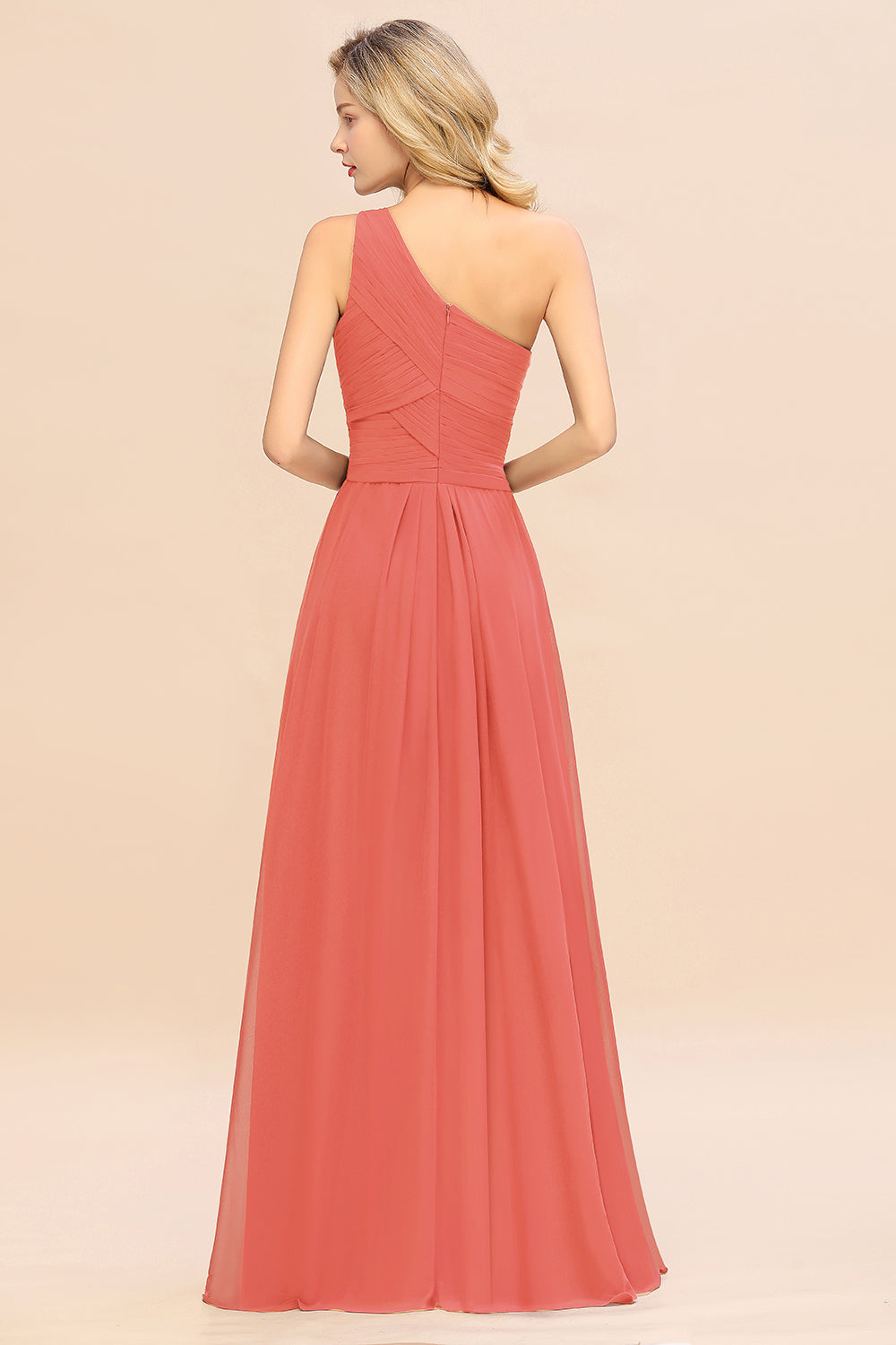 Elegant Watermelon A-line Chiffon Ruffles One Shoulder Long Bridesmaid Dress