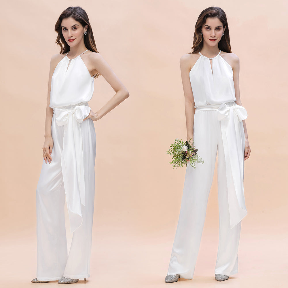 Elegant White Halter Bridesmaid Dress Floor Length Jumpsuit With Bowknot