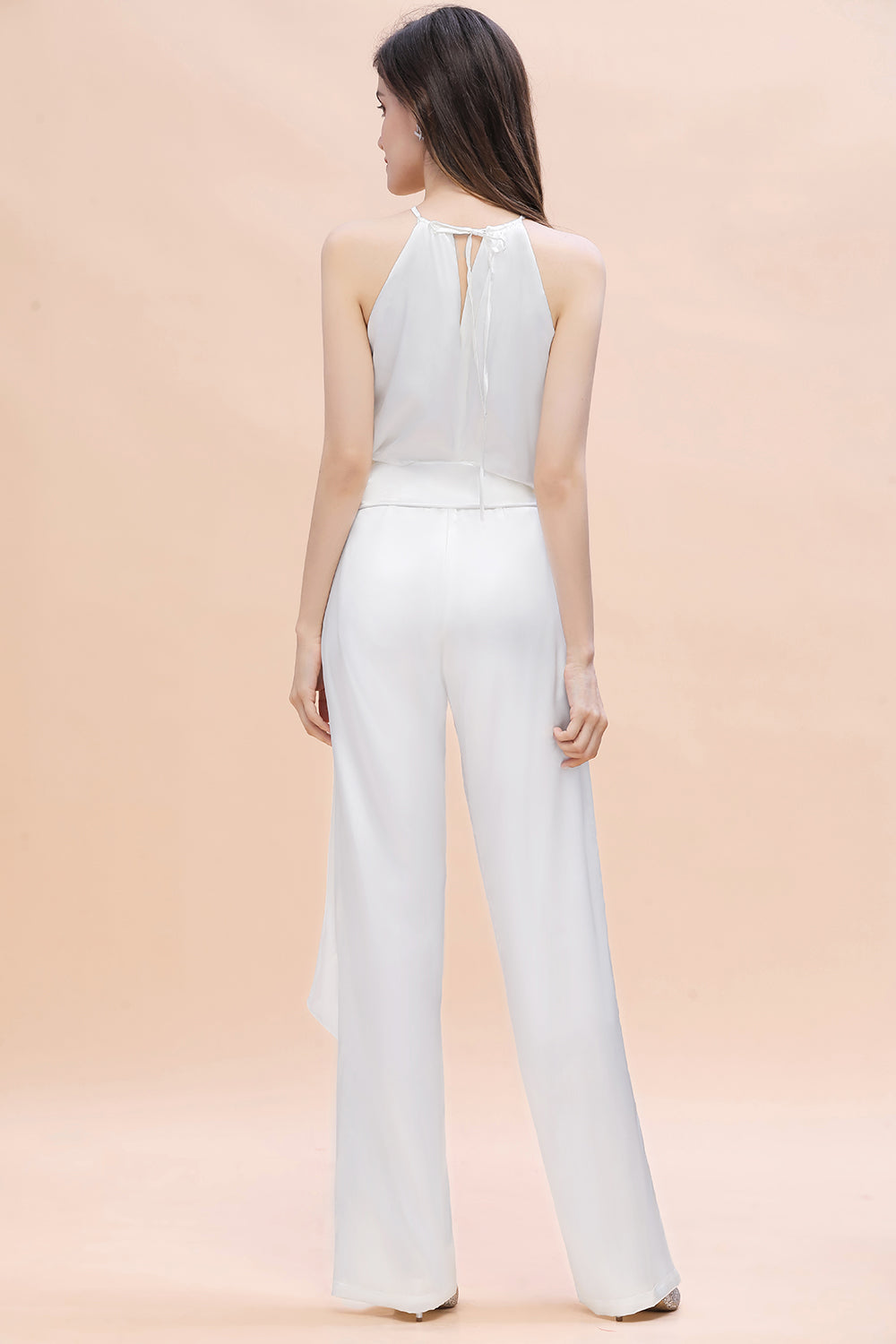 Elegant White Halter Bridesmaid Dress Floor Length Jumpsuit With Bowknot