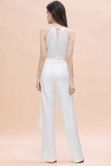 Elegant White Halter Bridesmaid Dress Floor Length Jumpsuit With Bowknot
