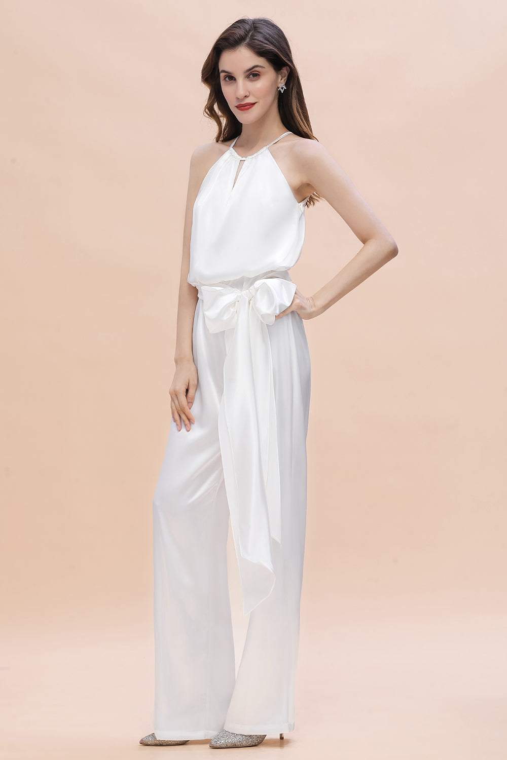 Elegant White Halter Bridesmaid Dress Floor Length Jumpsuit With Bowknot