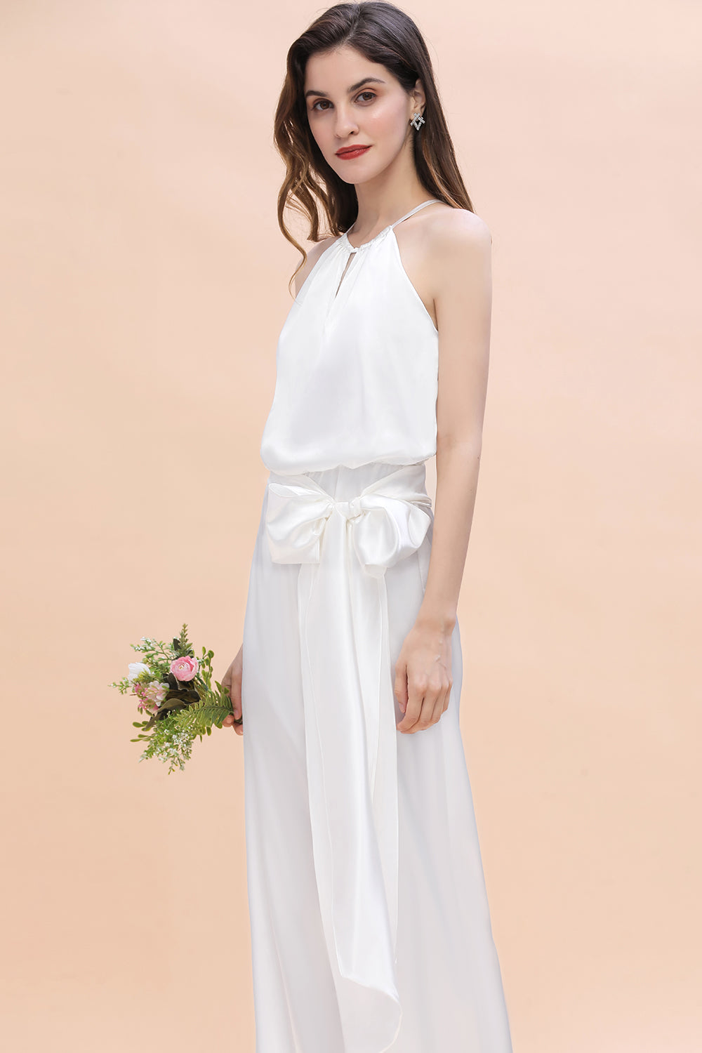 Elegant White Halter Bridesmaid Dress Floor Length Jumpsuit With Bowknot