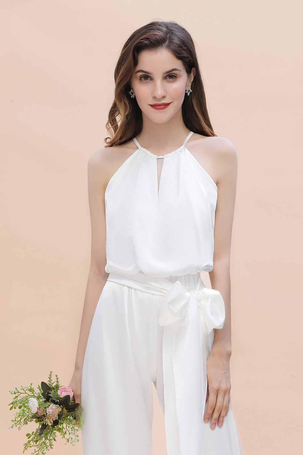 Elegant White Halter Bridesmaid Dress Floor Length Jumpsuit With Bowknot