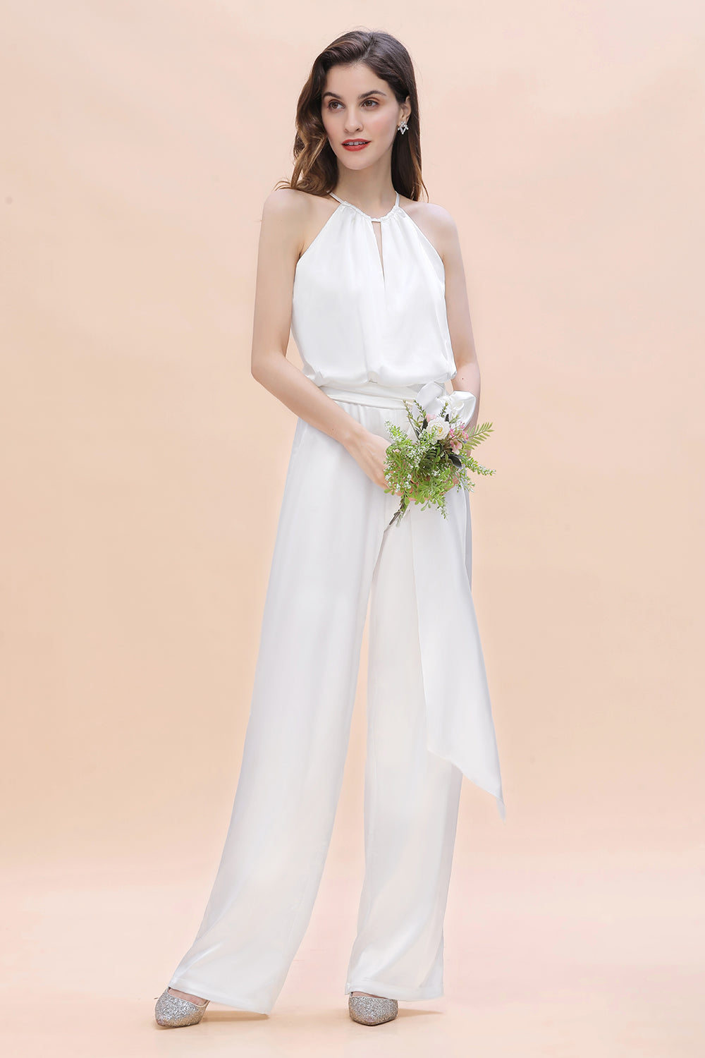 Elegant White Halter Bridesmaid Dress Floor Length Jumpsuit With Bowknot