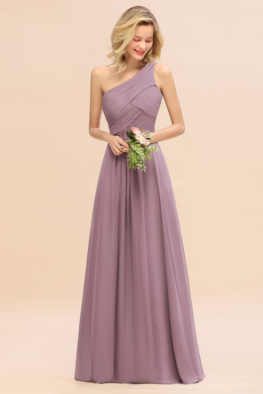 Elegant Wisteria A-line Chiffon Ruffles One Shoulder Long Bridesmaid Dress
