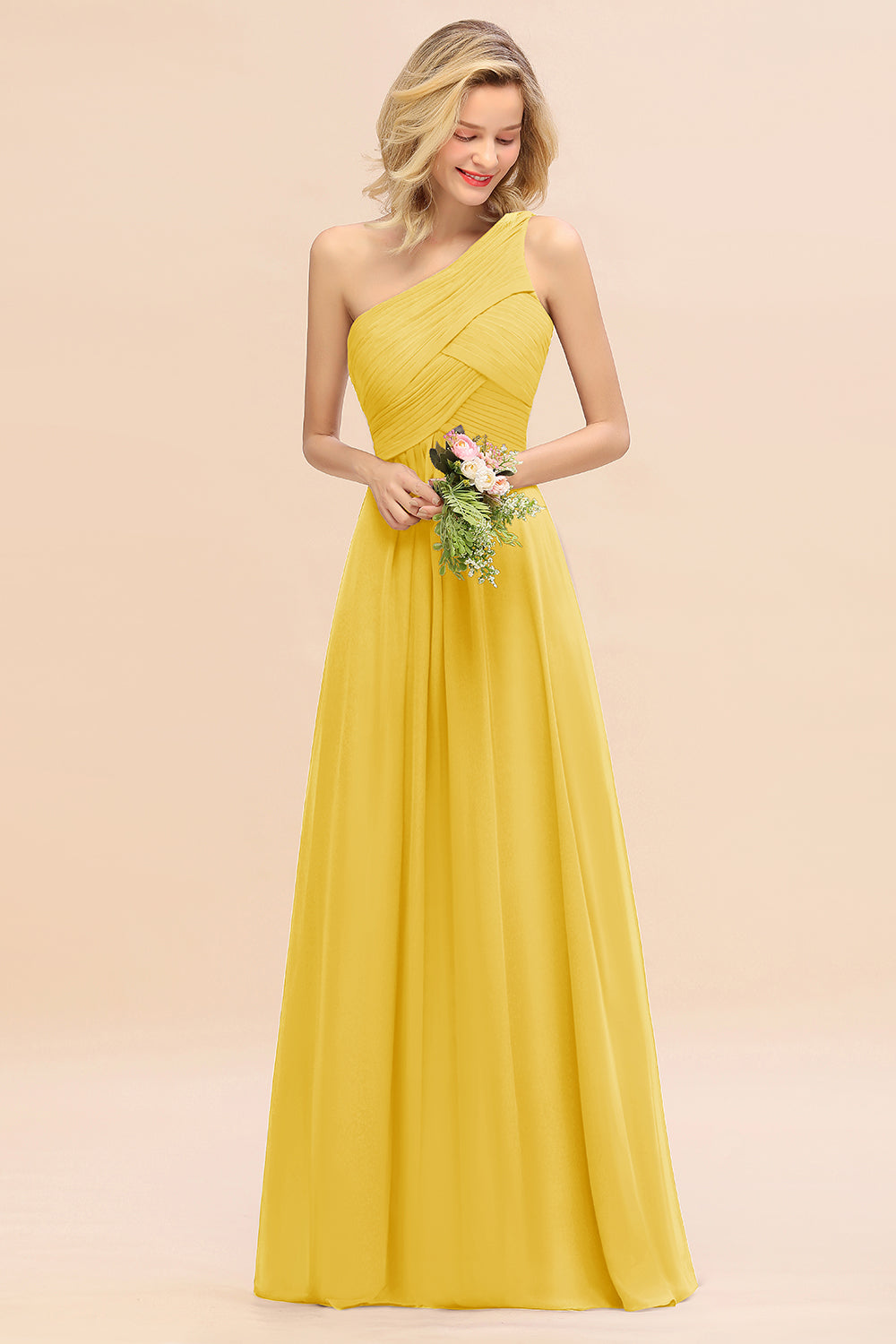 Elegant Yellow A-line Chiffon Ruffles One Shoulder Long Bridesmaid Dress
