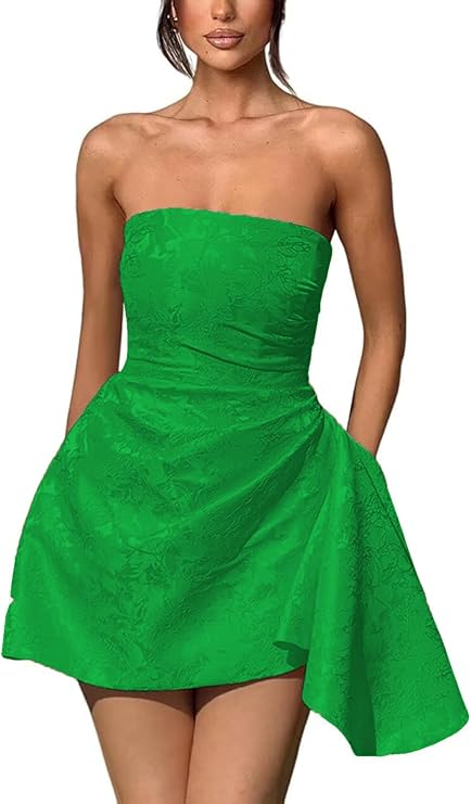 A-line Strapless Jacquard Satin Asymmetrical Lace up Sleeveless Short Homecoming Dress