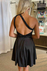 Chic One Shoulder Black Short A-line Satin Prom Dress with Slit