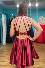 A-line Satin Backless V-Neck Burgundy Short Homecoming Dress