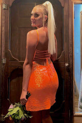 Sweetheart Short Orange Sequins Mermaid Open Back Homecoming Dress