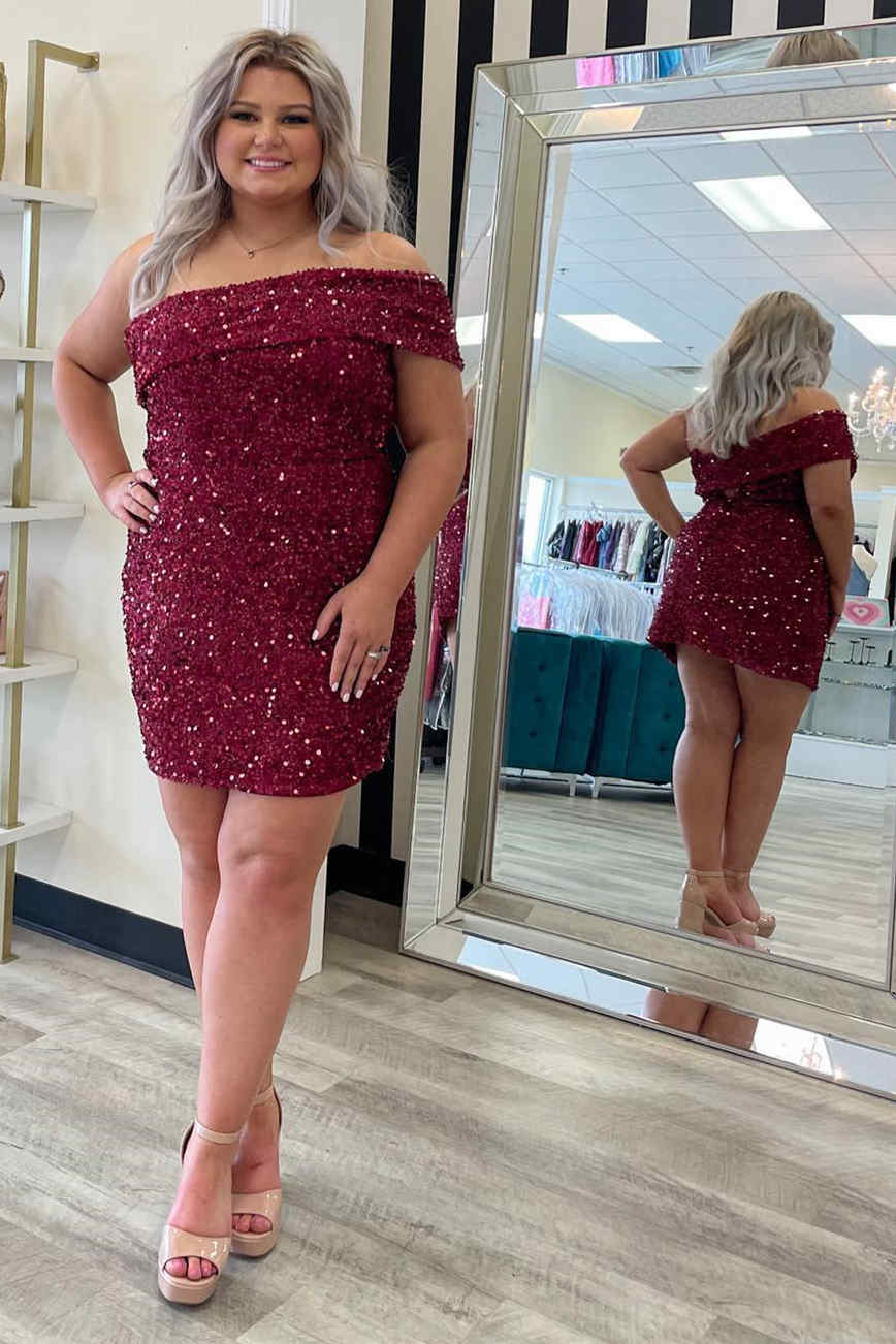 Off the Shoulder Burgundy Mermaid Short Sequin Homecoming Dress