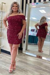 Off the Shoulder Burgundy Mermaid Short Sequin Homecoming Dress